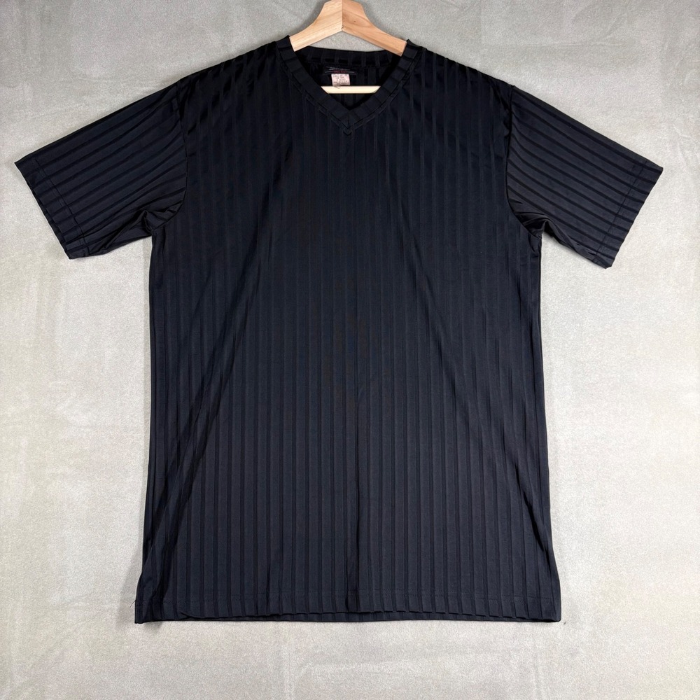 Vintage Anchor Blue Mens V-Neck Striped Shirt Black Short Sleeve Large USA Made